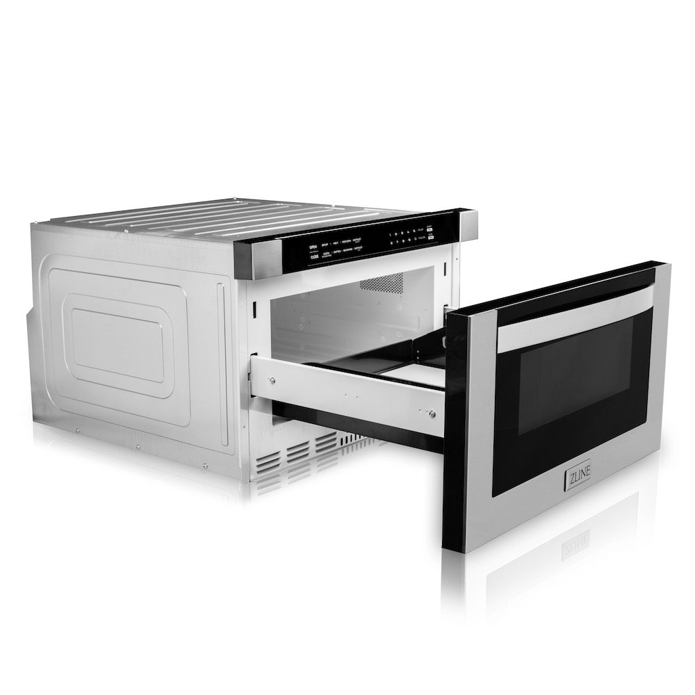 ZLINE Kitchen Package with Refrigeration, 36 in. Stainless Steel Gas Range, 36 in. Range Hood, Microwave Drawer, 24 in. Tall Tub Dishwasher and Beverage Fridge (6KPR-SGRRH36-MWDWV-RBV)