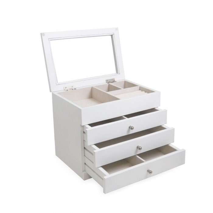 Bey-Berk Jewelry Box Chest | Drawers & Glass Top | White Wood | BB684WHT