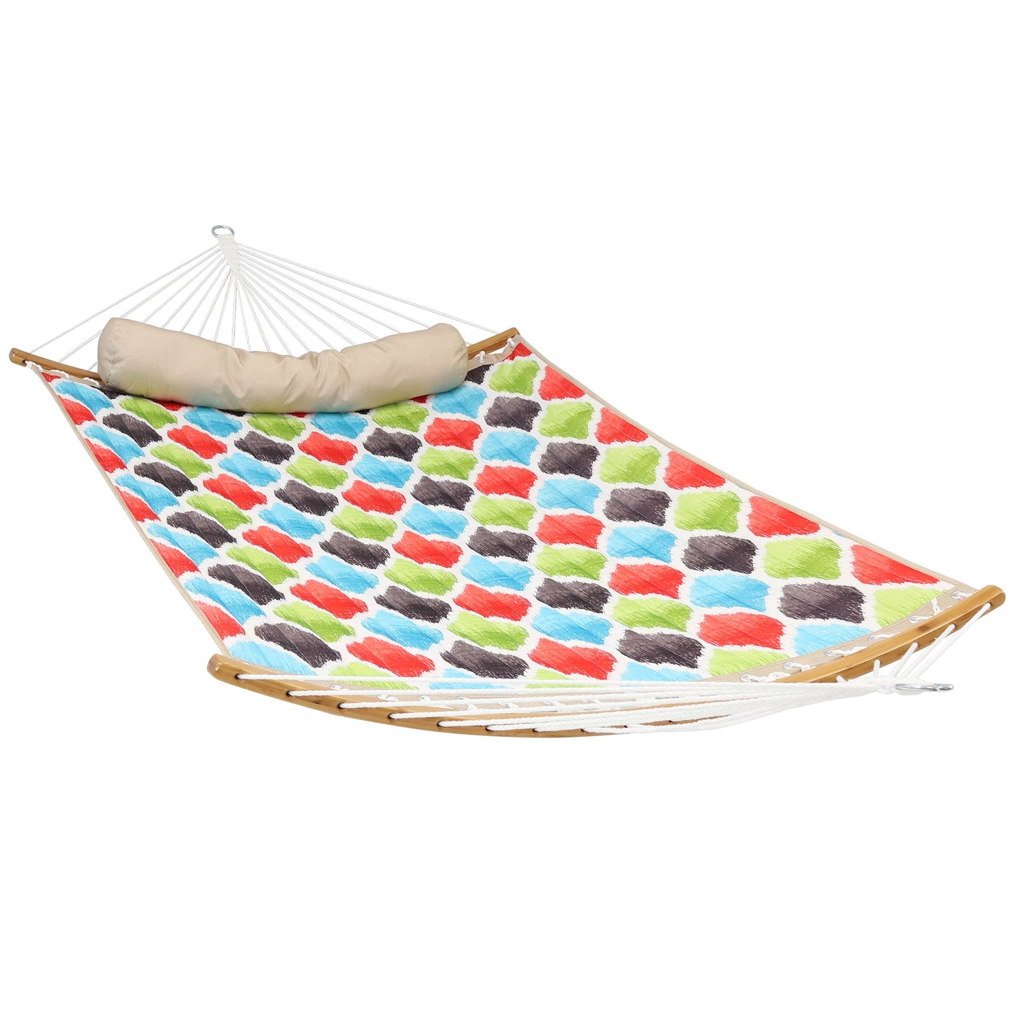 Quilted Hammock with Curved Bamboo Spreader Bar and Pillow