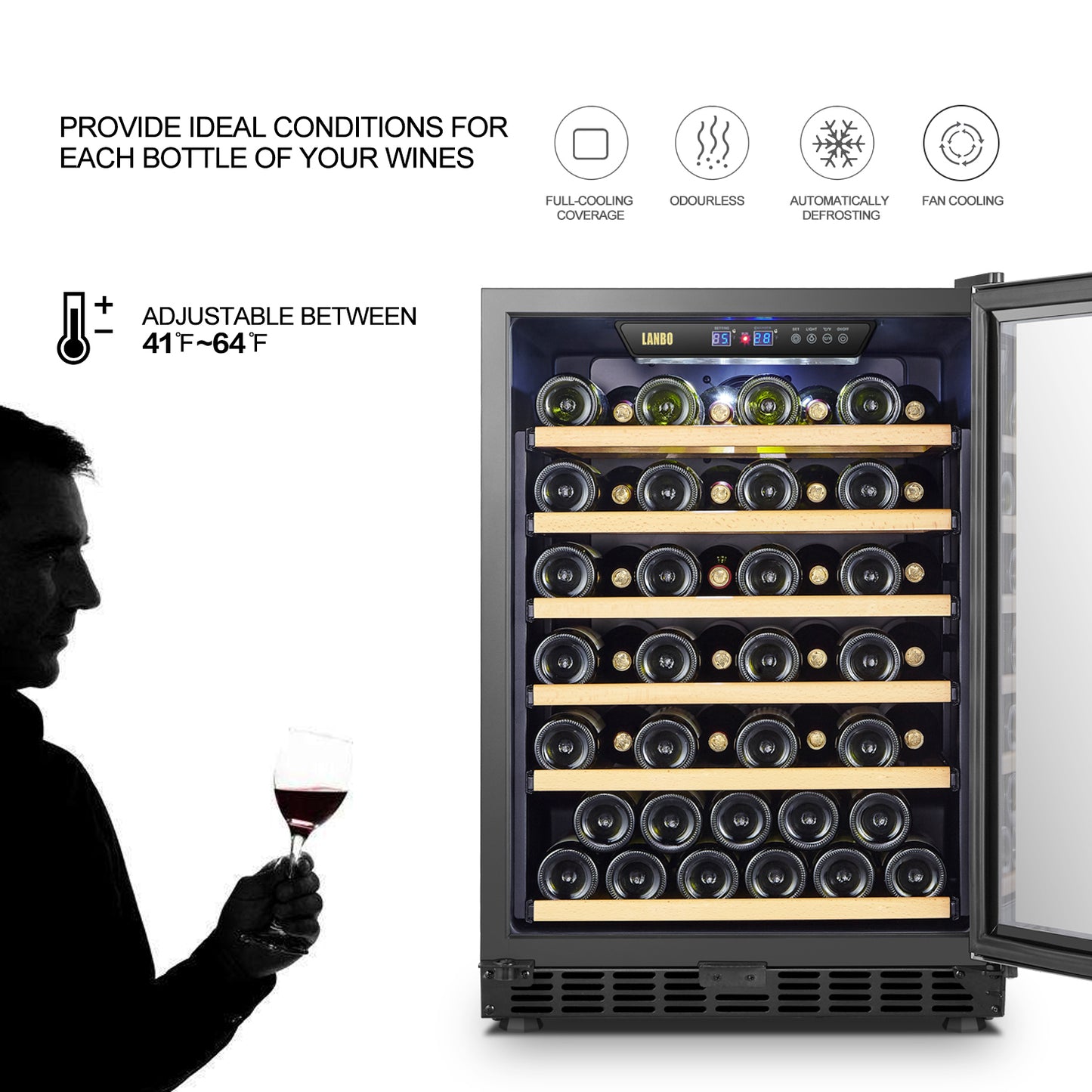 Lanbo 24" Wide, 52 Bottle Single Zone Wine Cooler