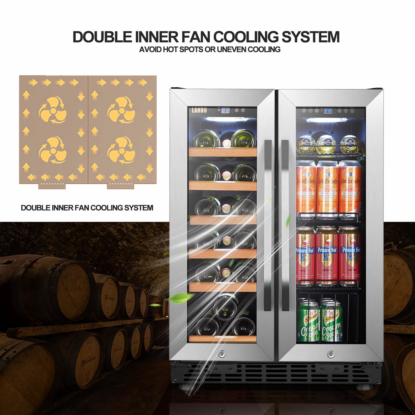 Lanbo 24" Wide, Dual Zone Wine Cooler & Beverage Center Combo | French Doors | Holds 18 Bottles & 55 Cans