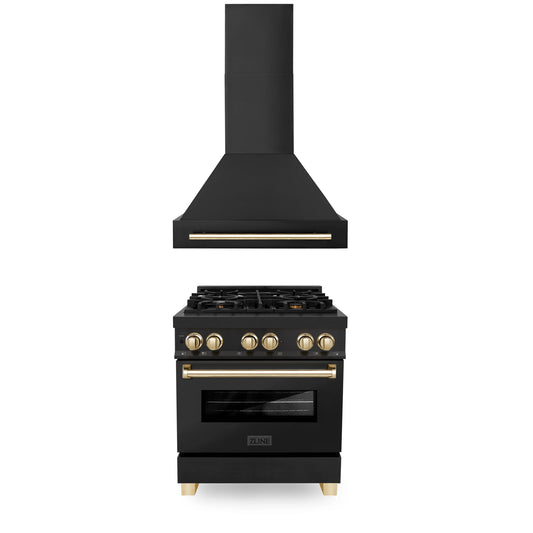 ZLINE 30" Autograph Edition Kitchen Package with Black Stainless Steel Dual Fuel Range and Range Hood with Accents