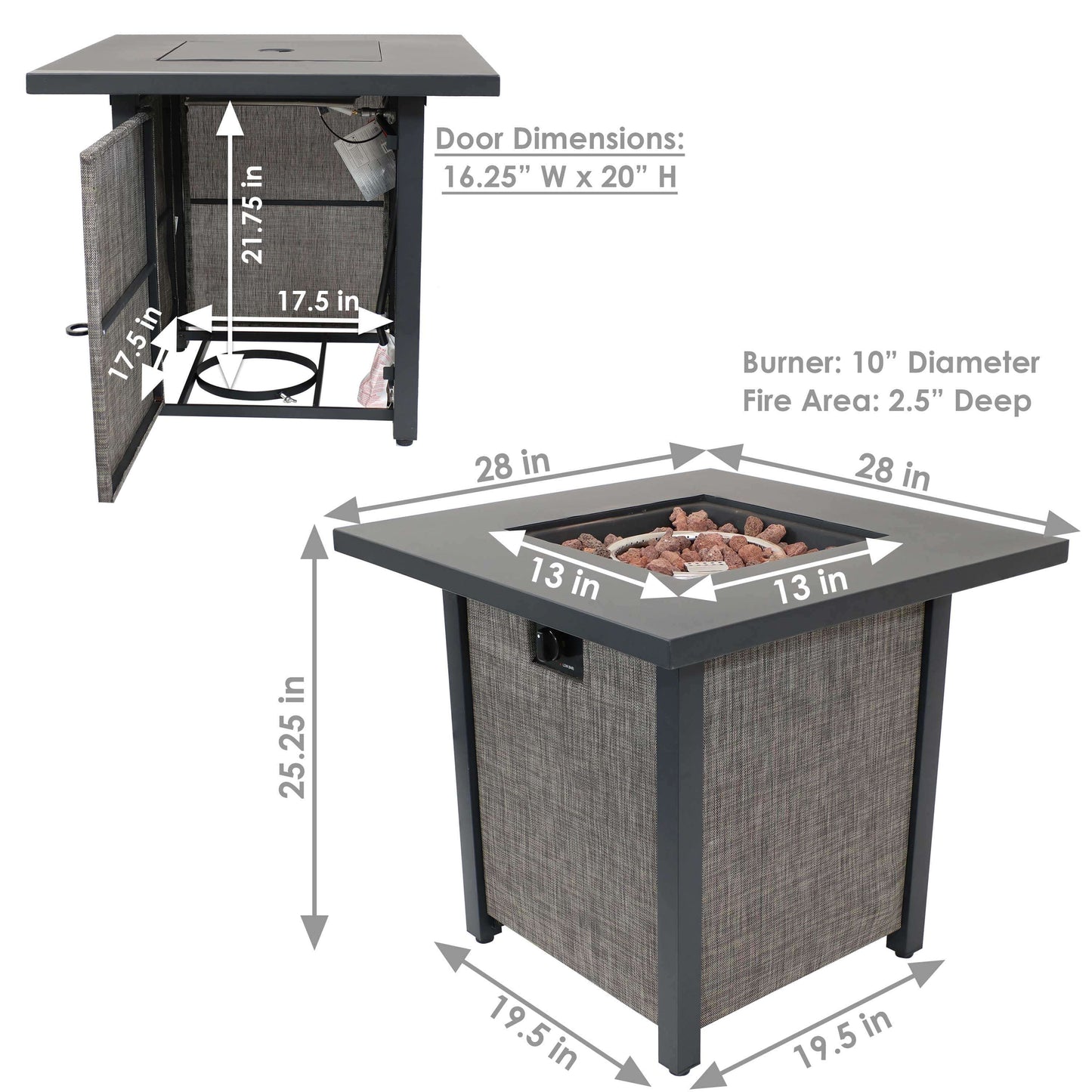 28" Square Smokeless Fire Pit Table | Rafa Fabric Sides and Decorative Rocks
