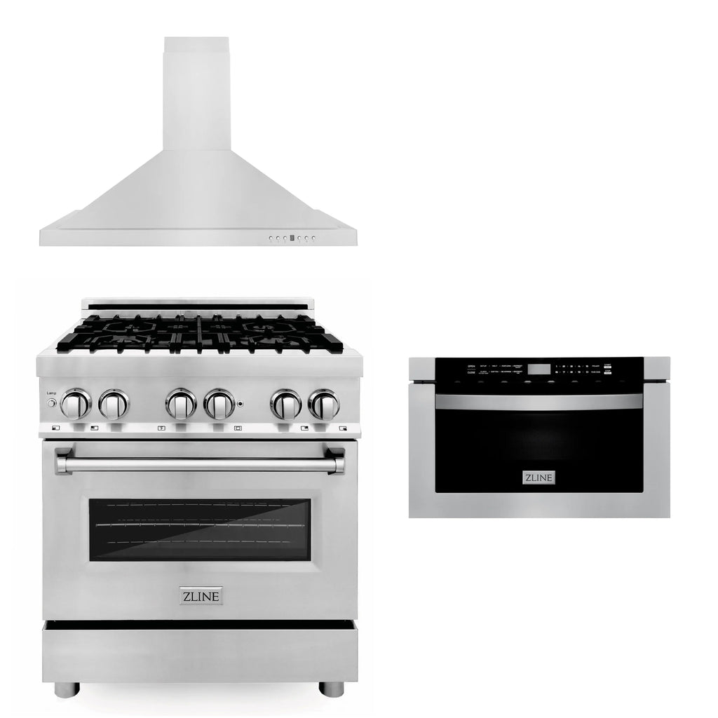 ZLINE 3 Piece Kitchen Package | Dual Fuel Range | Convertible Vent Range Hood | Microwave Drawer