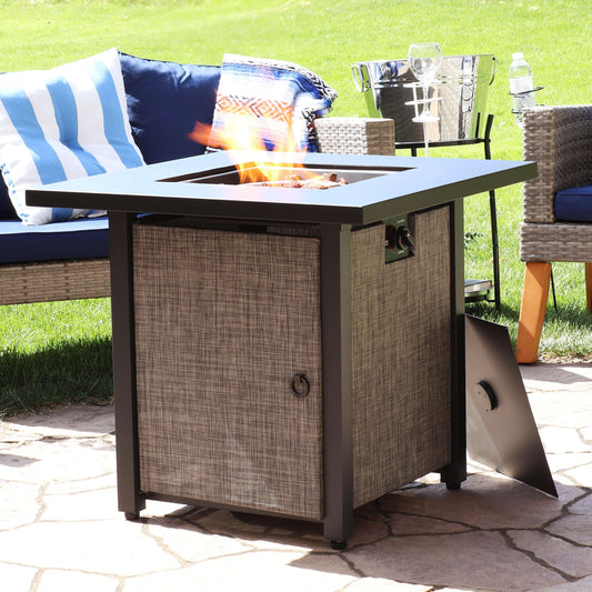 28" Square Smokeless Fire Pit Table | Rafa Fabric Sides and Decorative Rocks