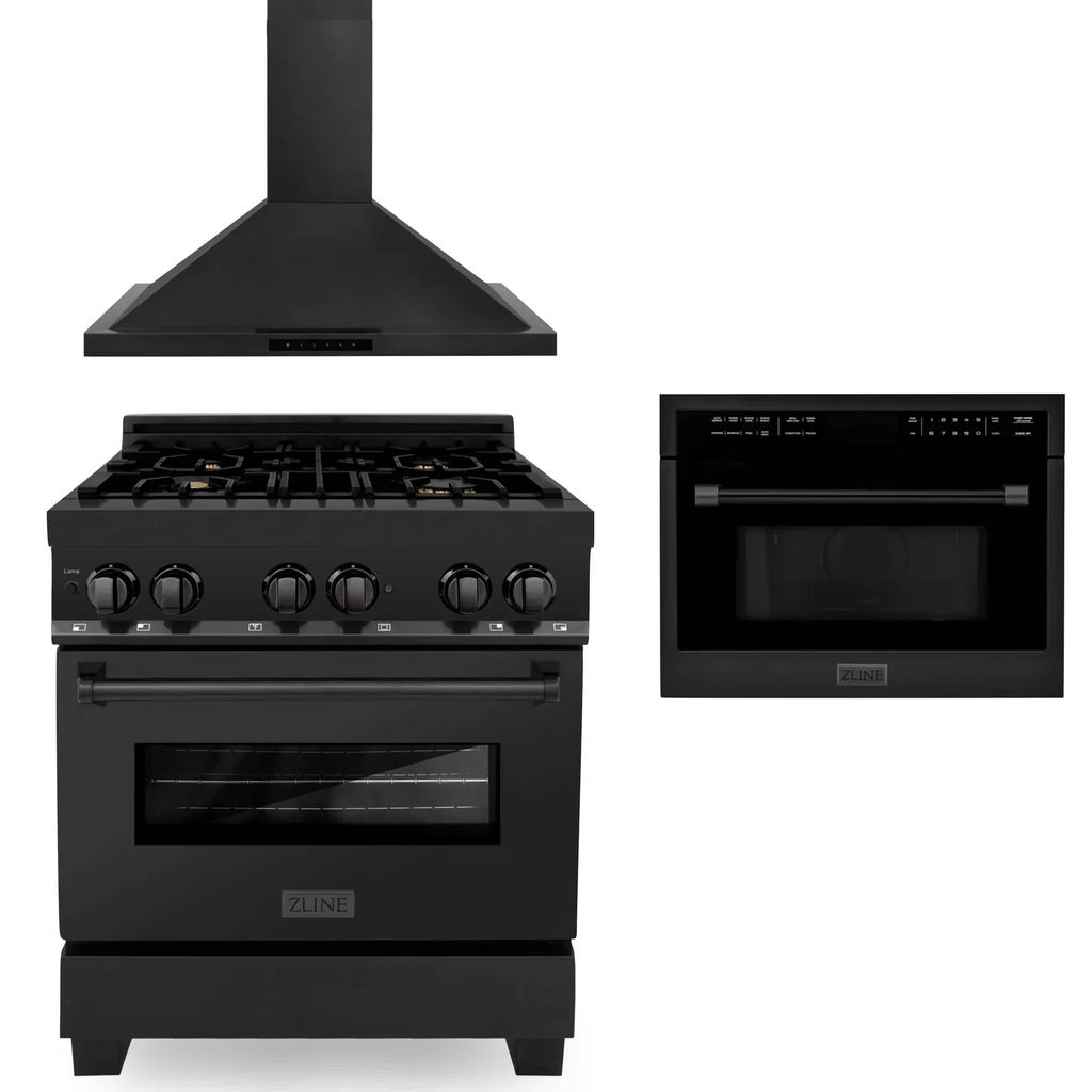 ZLINE 3 Piece Kitchen Package | Dual Fuel Range | Range Hood | Microwave Oven in Black Stainless Steel
