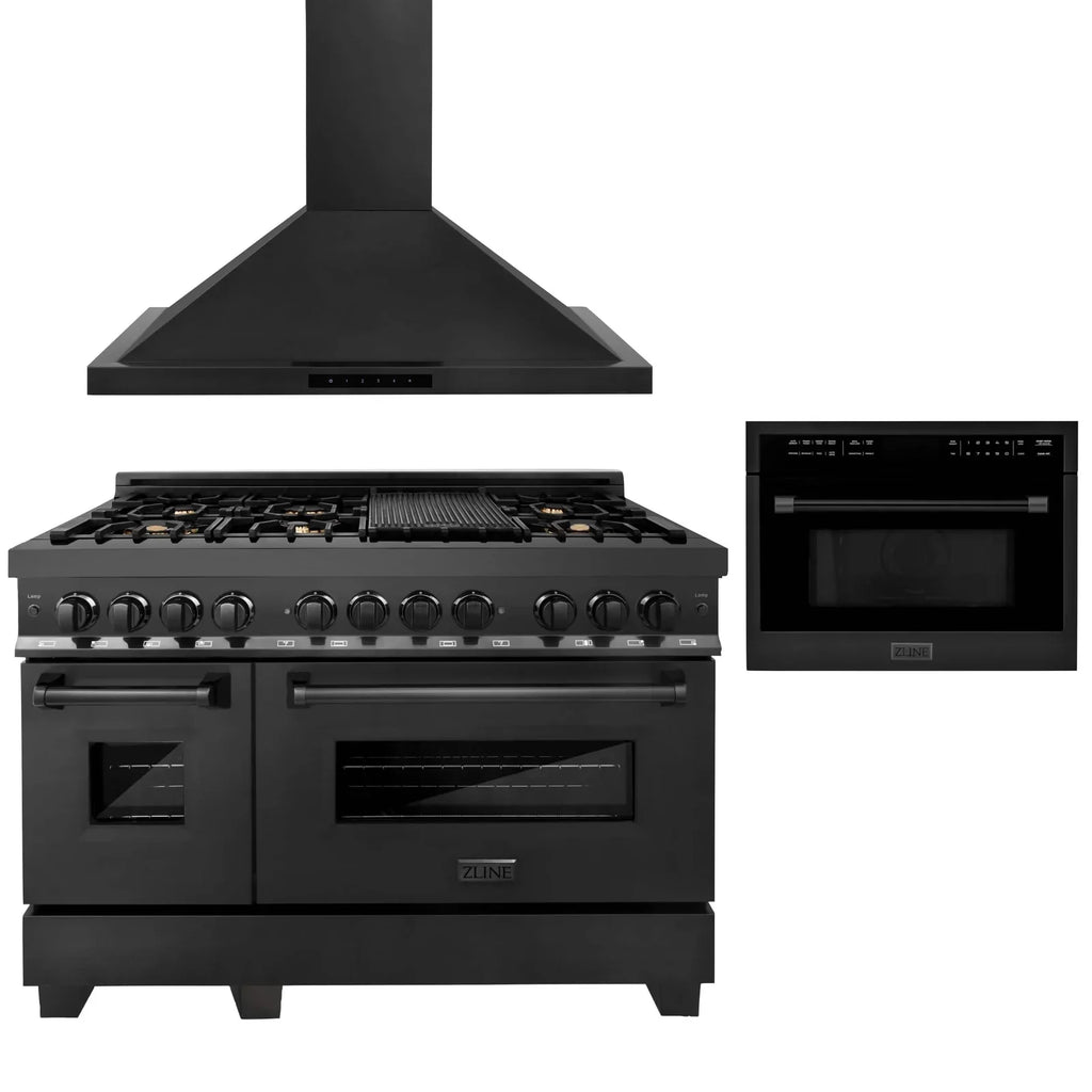 ZLINE 3 Piece Kitchen Package | Dual Fuel Range | Range Hood | Microwave Oven in Black Stainless Steel