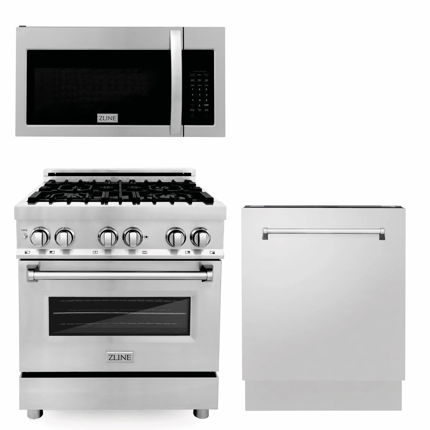 ZLINE 3 Piece Kitchen Package in 30'' | Dual Fuel Range | Over the Range Microwave Oven | Dishwasher