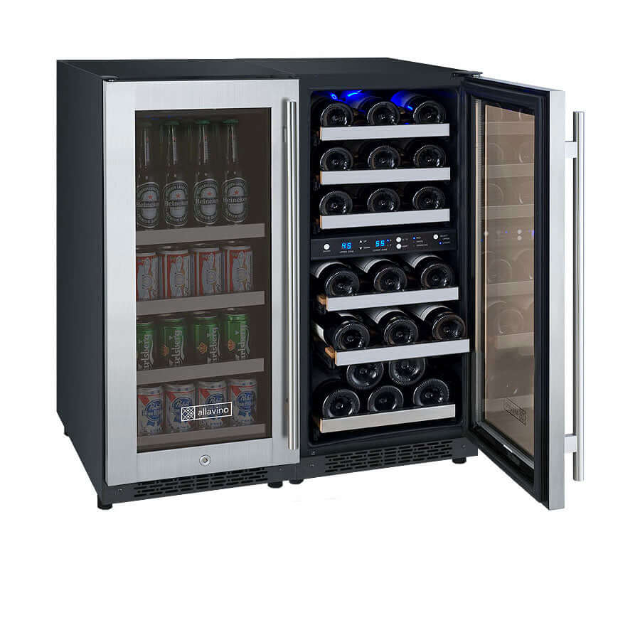 Allavino 30” Wide Triple Zone Side-by-Side Wine & Beverage Center Combo | Holds 30 Bottles/88 Cans | Tru-Vino Technology and FlexCount II Shelving