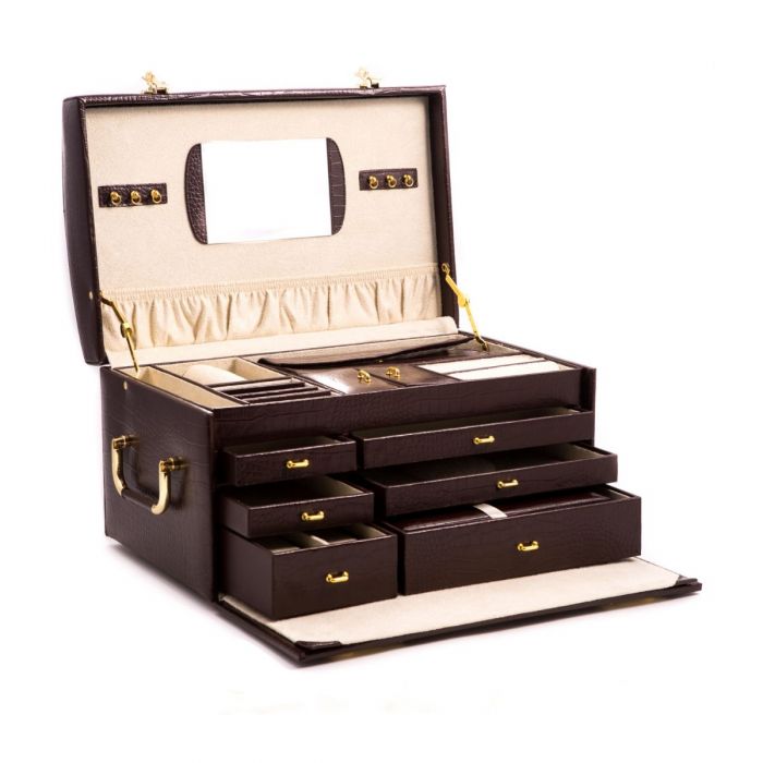 Bey-Berk Multi Storage Jewelry Box Chest w/ Mirror, Brown Croco Leather- BB581BRW