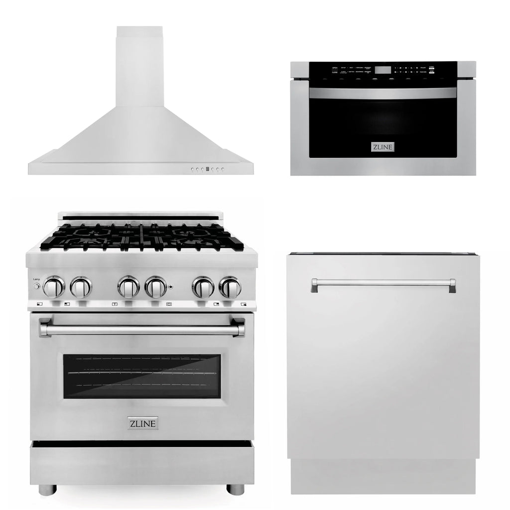 ZLINE 4 Piece Kitchen Package | Dual Fuel Range | Range Hood | Microwave Drawer | Tall Tub Dishwasher