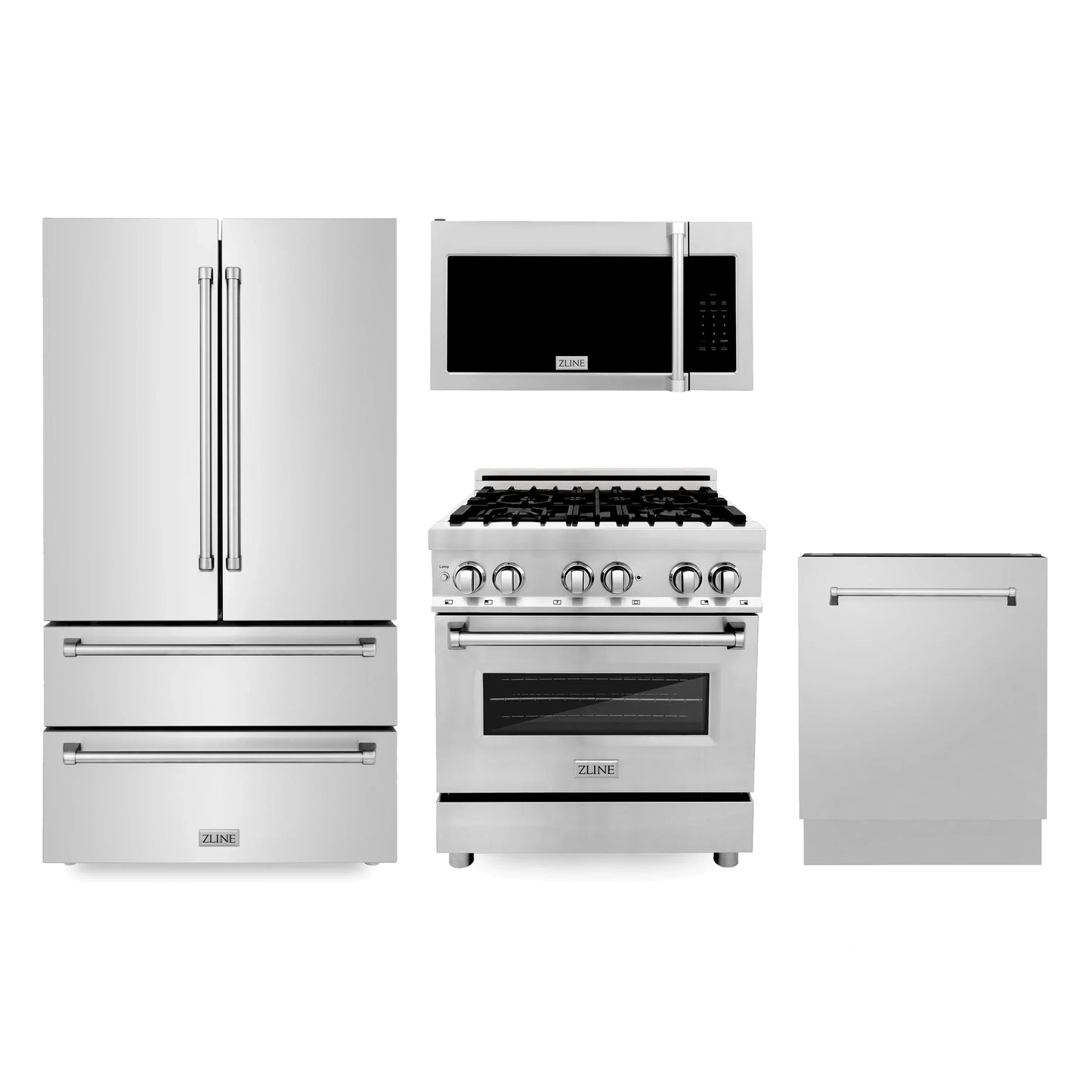 ZLINE 4 Piece Kitchen Package | Range | Refrigerator Over the Range Microwave | Dishwasher