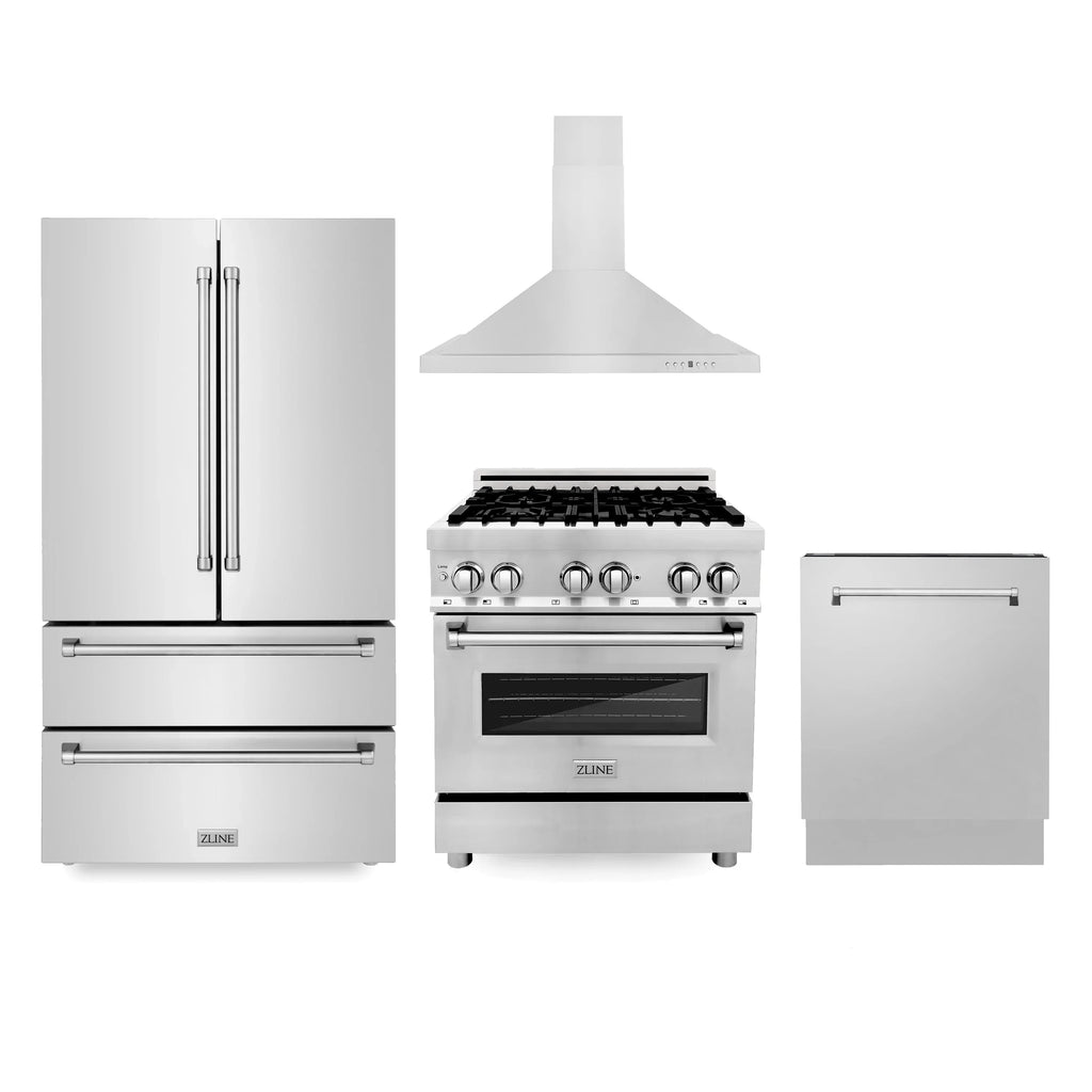 ZLINE 4 Piece Kitchen Package | Dual Fuel Range | Refrigerator | Vent Range Hood | Dishwasher