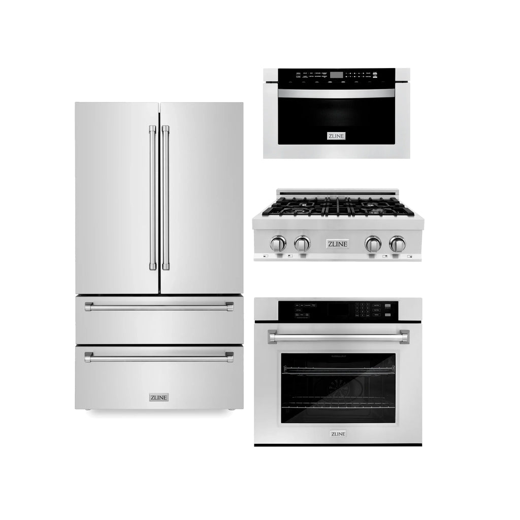 ZLINE 4 Piece Kitchen Package | Refrigerator | Rangetop | Single Wall Oven | Microwave Oven