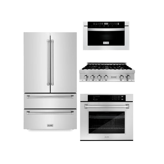 ZLINE 4 Piece Kitchen Package | Refrigerator | Rangetop | Single Wall Oven | Microwave Oven