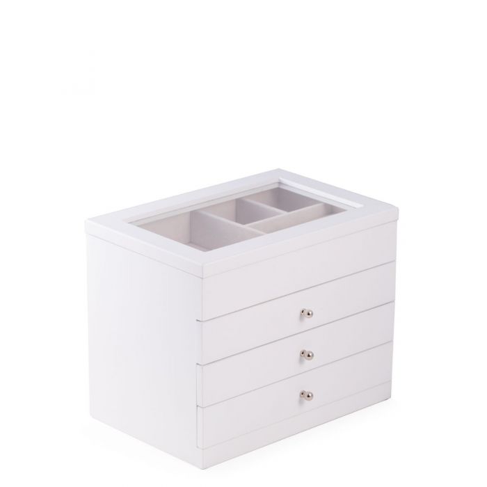 Bey-Berk Jewelry Box Chest | Drawers & Glass Top | White Wood | BB684WHT