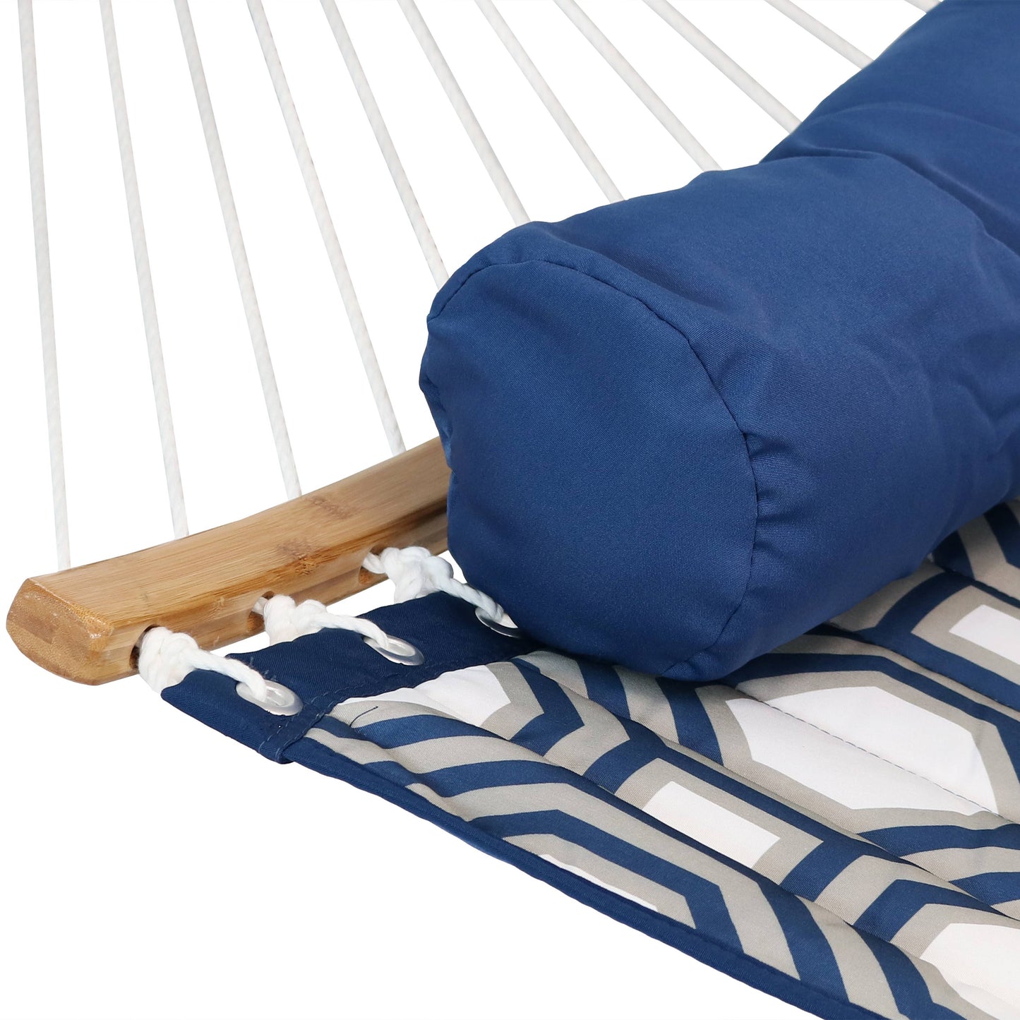 Quilted Hammock with Curved Bamboo Spreader Bar and Pillow