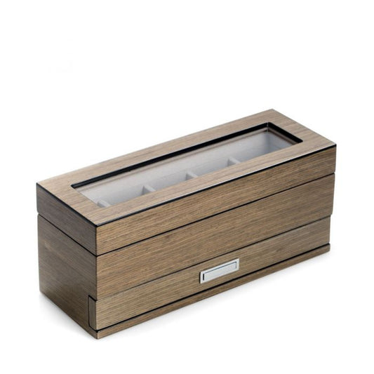 Bey-Berk 5-Watch Box | Glass Top | Compartment Accessory Drawer | Silver Walnut Wood | BB647GRY