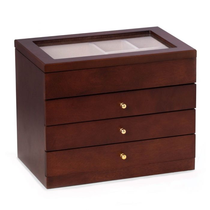 Bey-Berk Jewelry Box Chest | Glass Viewing Top and Drawers | Rosewood Finish | BB684BRW