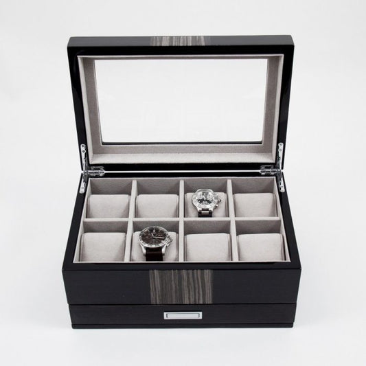 Bey-Berk “Braxton” 8-Watch Box | Glass Top and Drawer | BB634GRY