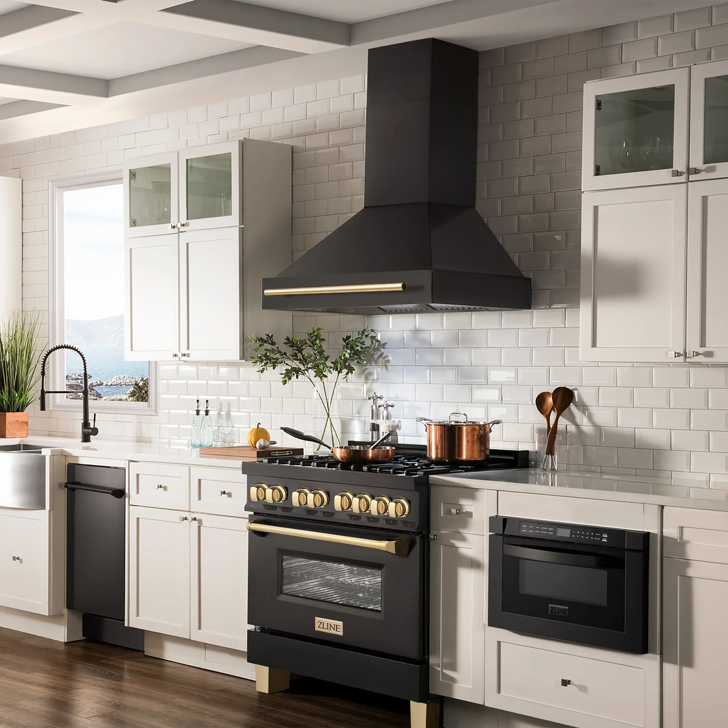 ZLINE 36" Autograph Edition Kitchen Package with Black Stainless Steel Dual Fuel Range and Range Hood with Gold Accents