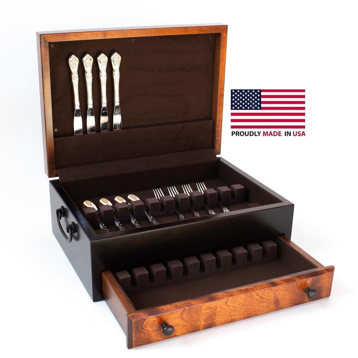 American Chest Flaming Amish Birch One Drawer Flatware Chest with Black Maple