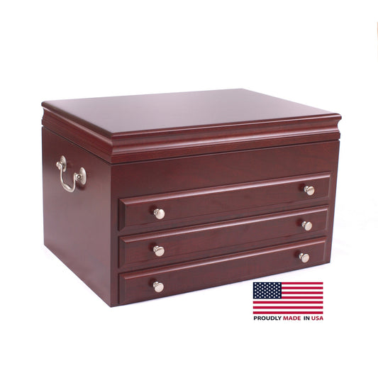 American Chest "Majestic" Jewelry Box w/ 3 Drawers, Mahogany Finish, Hand Crafted Wooden Chest
