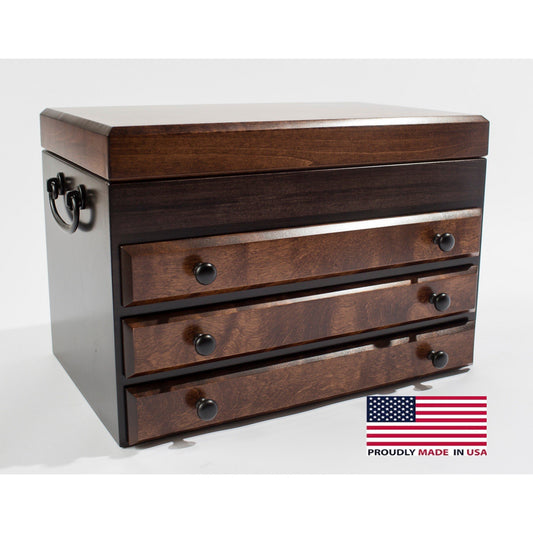 American Chest "Exotic" Flaming Amish Birch Jewelry Box w/ 3 Drawers, Hand Crafted Wooden Chest