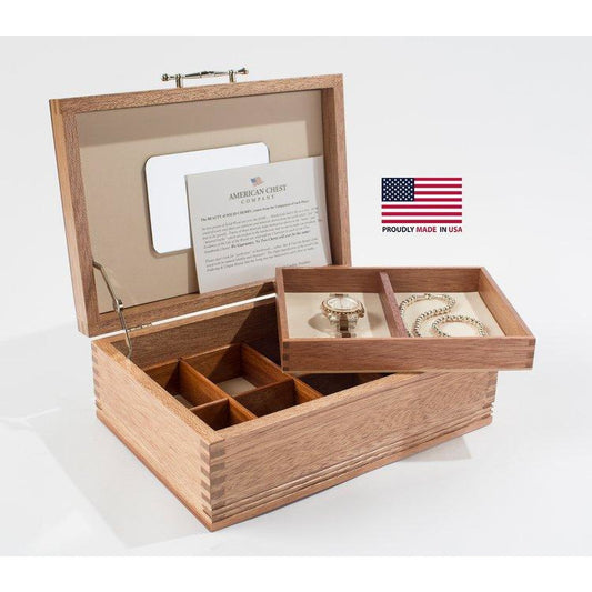 American Chest Americana Jewelry Box w/ Lift Out Tray and Mirror, Hand Crafted Wooden Chest