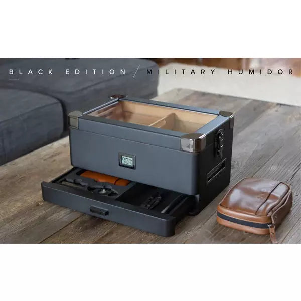 Military Glass Top Cigar Humidors - Black Edition | Holds 100 Cigars