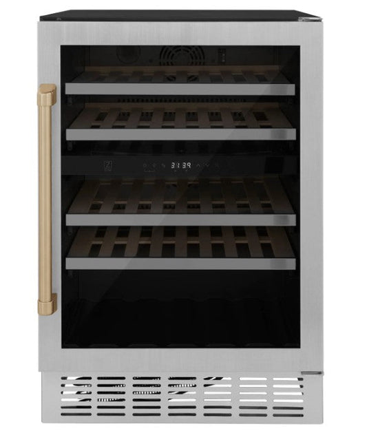 ZLINE 24" Monument Autograph Edition Dual Zone 44-Bottle Wine Cooler in Stainless Steel with Accents