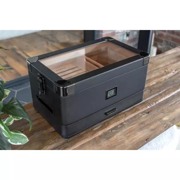 Military Glass Top Cigar Humidors - Black Edition | Holds 100 Cigars