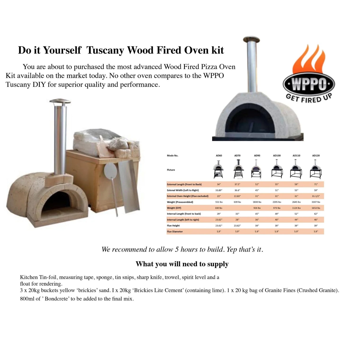 WPPO DIY 100 Tuscany Wood Fired Oven Kit