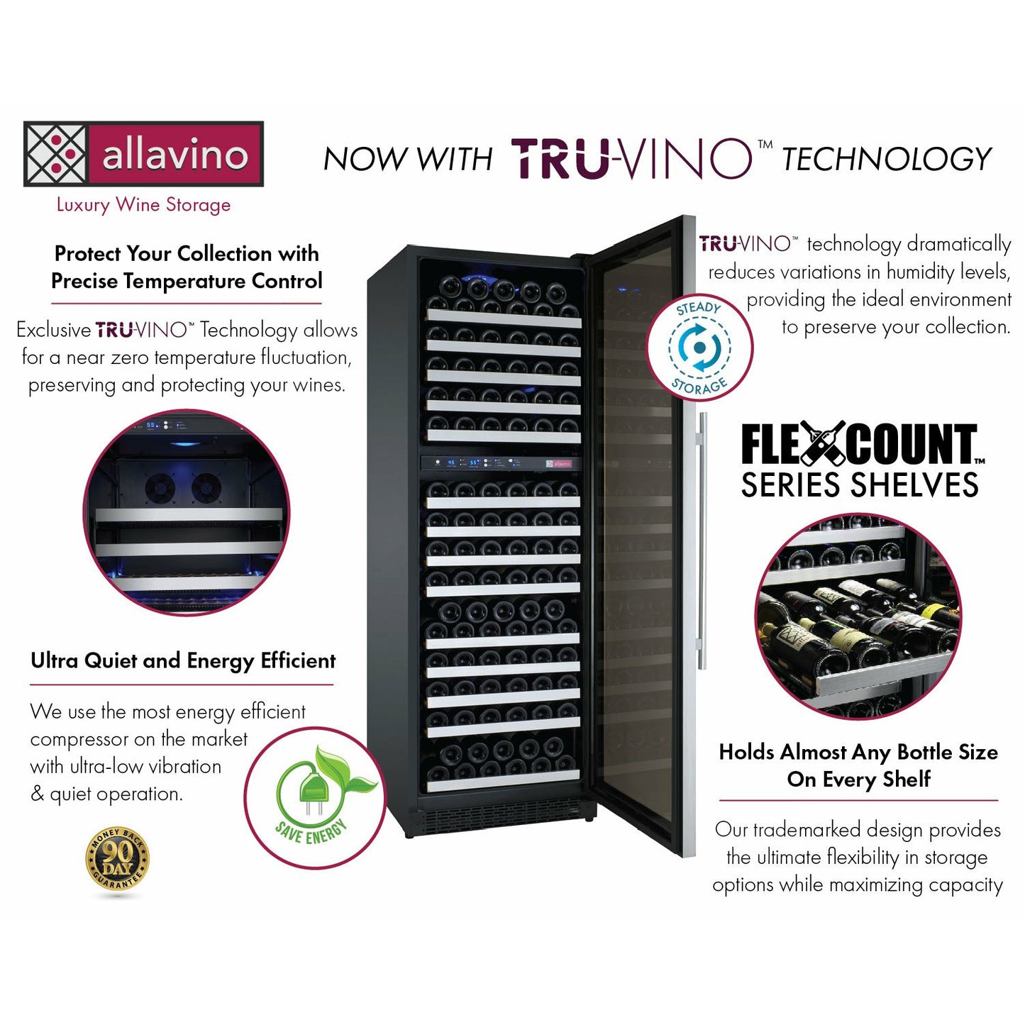 Allavino 48 Inch Wide | 346 Bottle Triple Zone Side-by-Side Wine Cooler | Tru-Vino Technology and FlexCount II Shelving