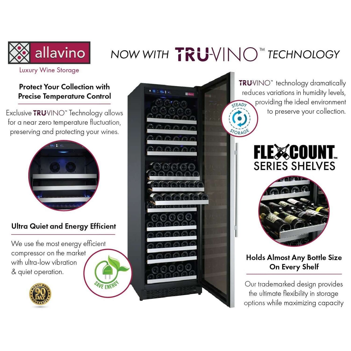 Allavino 47" Wide | 349 Bottle Triple Zone Side-by-Side Wine Cooler | Tru-Vino Technology and FlexCount II Shelving