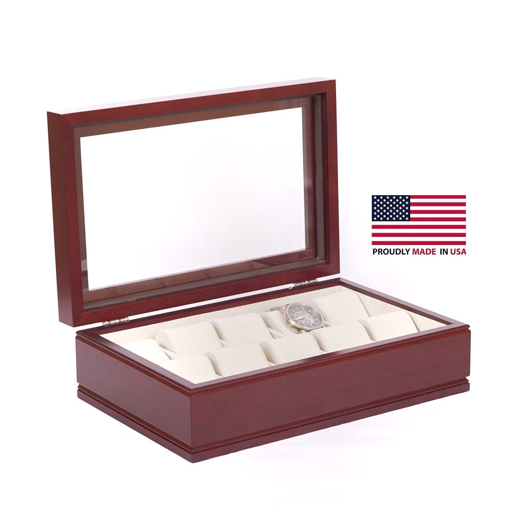 American Chest "Commander" 10 Watch Box Storage, Mahogany Finish, Hand Crafted Wooden Chest with Glass Top