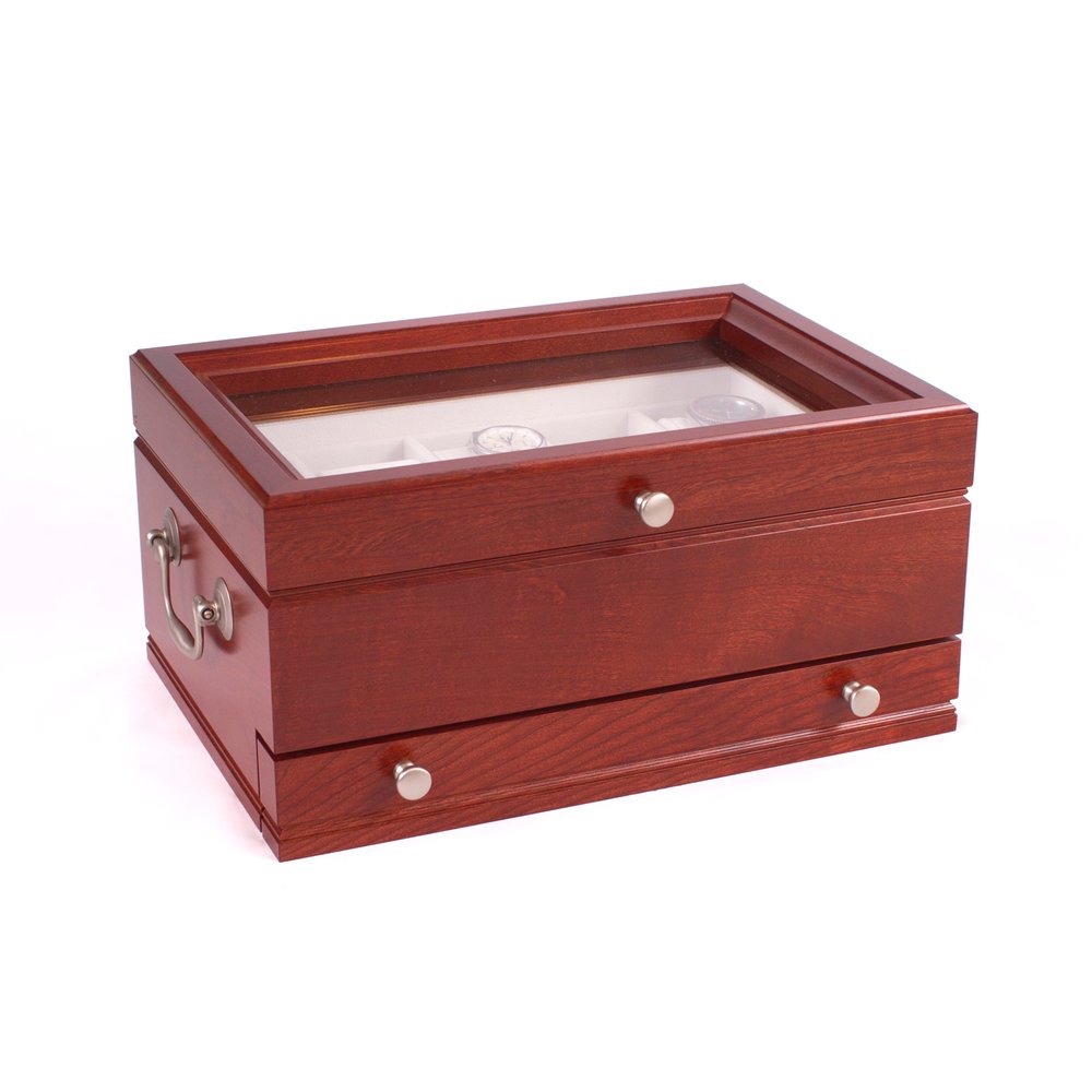 American Chest "Captain" Watch Box and Valet, Holds 10 Watches, Cherry Finish, Hand Crafted Wooden Chest with Glass Top