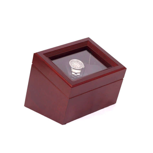 American Chest "Admiral" Double Watch Winder, Mahogany Finish, Hand Crafted Wooden Chest with Glass Top