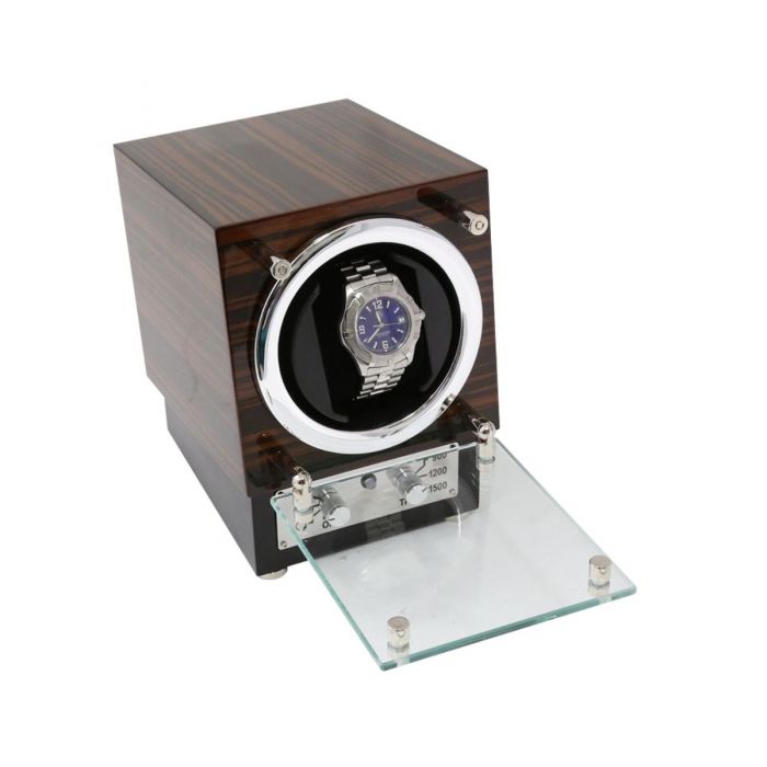 Bey-Berk Single Watch Winder | Glass Face | Ebony Burlwood | BB651EBN