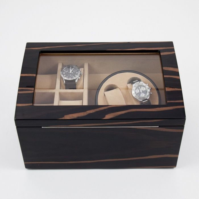 Bey-Berk 2-Watch Winder & 4-Watch Storage | Glass Top | Ebony Burl Wood | BB621EBN