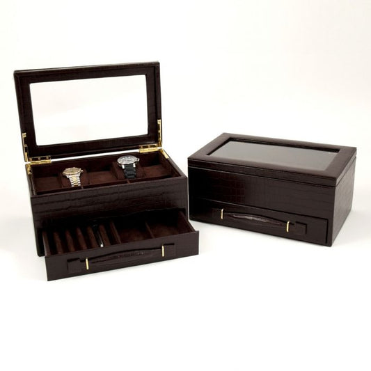 Bey-Berk 5-Watch Box | Drawer and Glass Top | Brown Croco Leather | BB547BRW