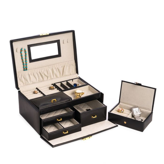 Bey-Berk 2 Level Jewelry Box | Multi-Drawers | Black Leather | BB564BLK