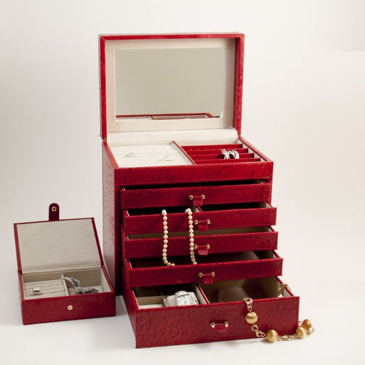Bey-Berk Jewelry Box Chest w/ Drawers and Travel Case, Red Ostrich Leather- BB589RED