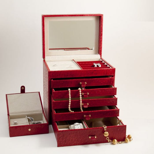 Bey-Berk Jewelry Box Chest | Drawers and Travel Case | Red Ostrich Leather | BB589RED