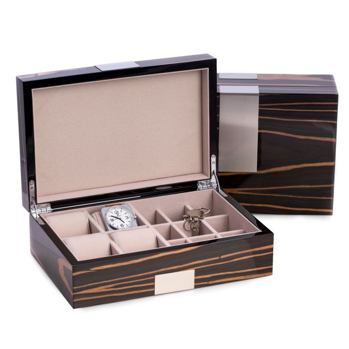 Bey-Berk Valet Box | 4 Watches & Cufflinks | Ebony Burl Wood | BB600EBN