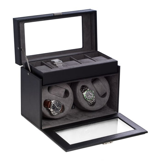 Bey-Berk "Viceroy" 4-Watch Winder & 5-Watch Storage Case | Glass Top | Black Leather | BB605BLK
