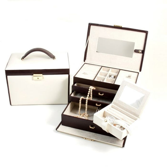 Bey-Berk 4 Level Jewelry Box w/ Drawers | Travel Case | Ivory & Brown Leather | BB611IVR