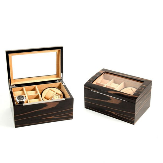 Bey-Berk 2-Watch Winder & 4-Watch Storage | Glass Top | Ebony Burl Wood | BB621EBN