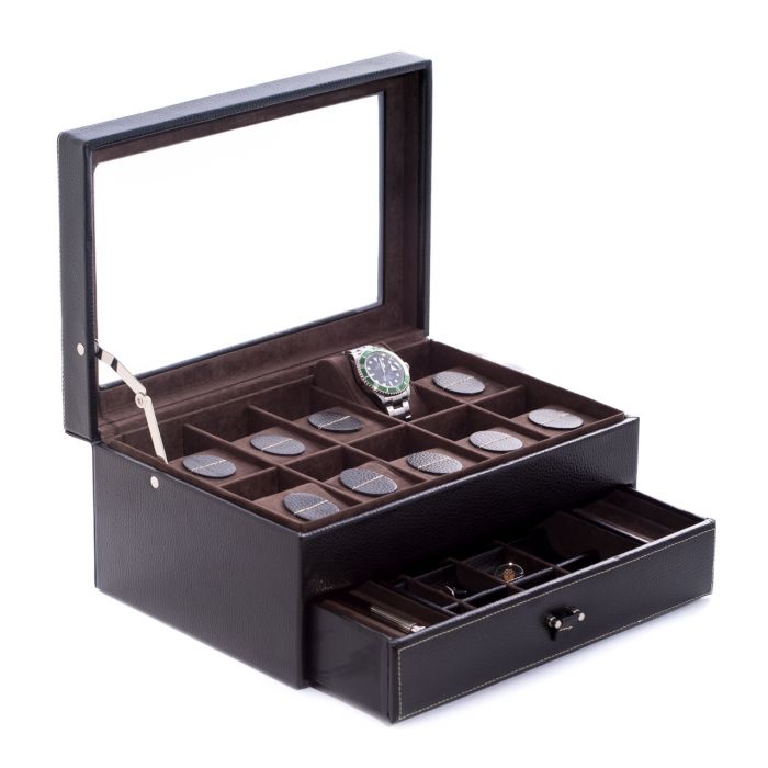 Bey-Berk 10-Watch Case | Glass Top and Drawer | Black Pebbled Leather | BB633BLK