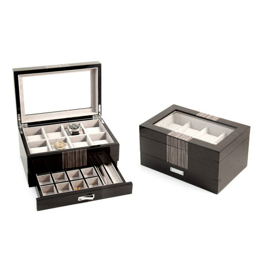 Bey-Berk “Braxton” 8-Watch Box | Glass Top and Drawer | BB634GRY